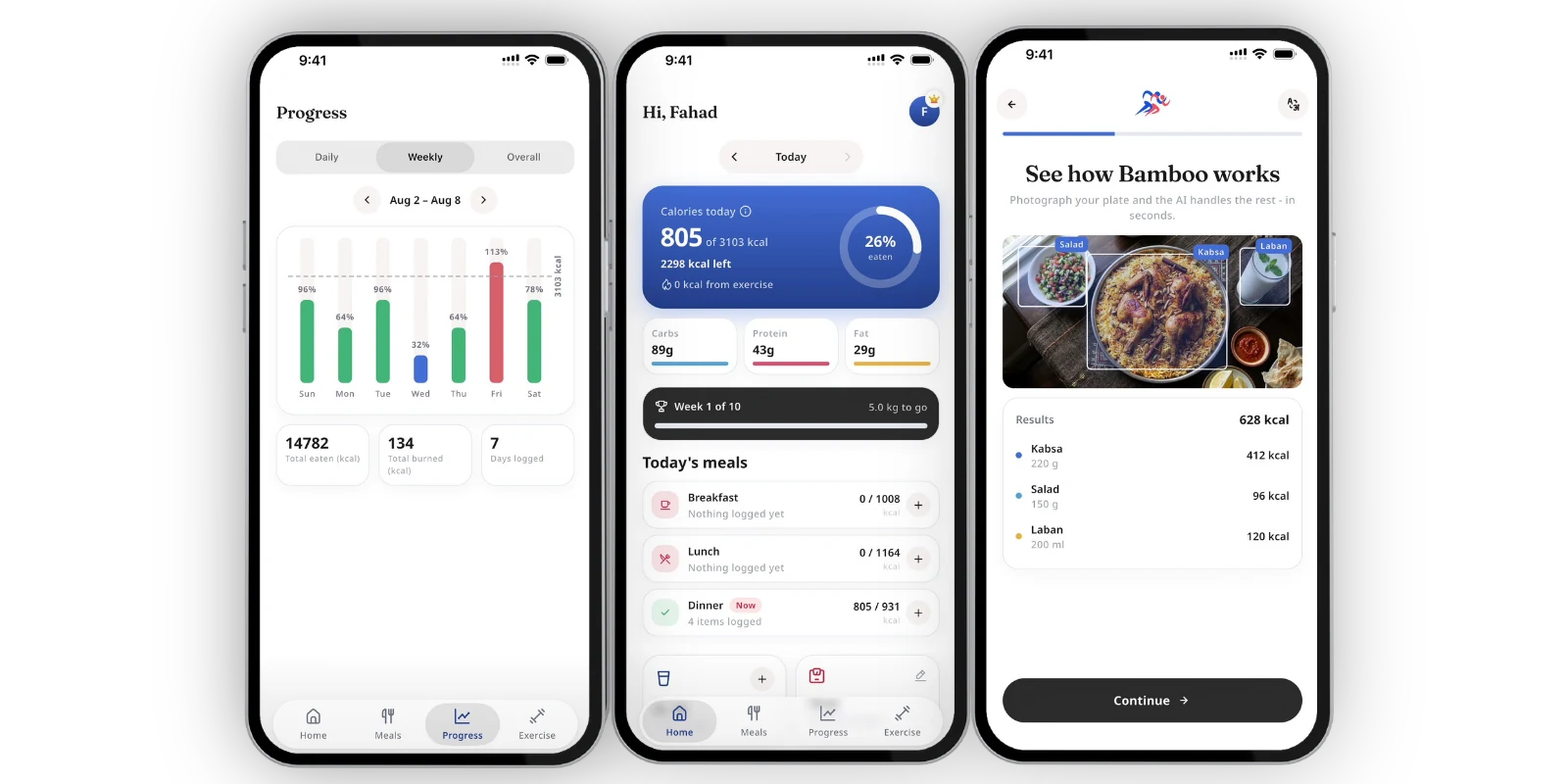 Bamboo app screens: weekly progress, daily calories and meal recognition