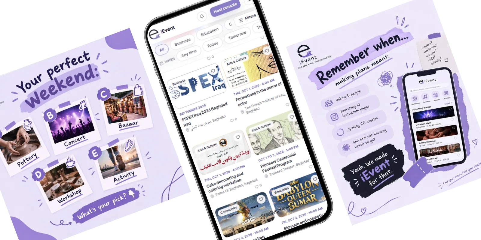iEvent posts: events across Iraq's cities on a map, and the app's upcoming events screen