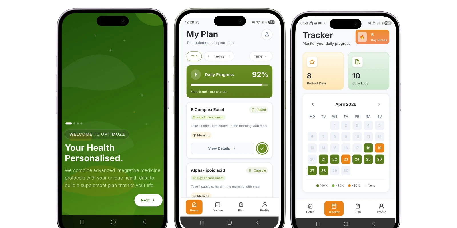 OptimOzz app screens: welcome, supplement plan and daily tracker