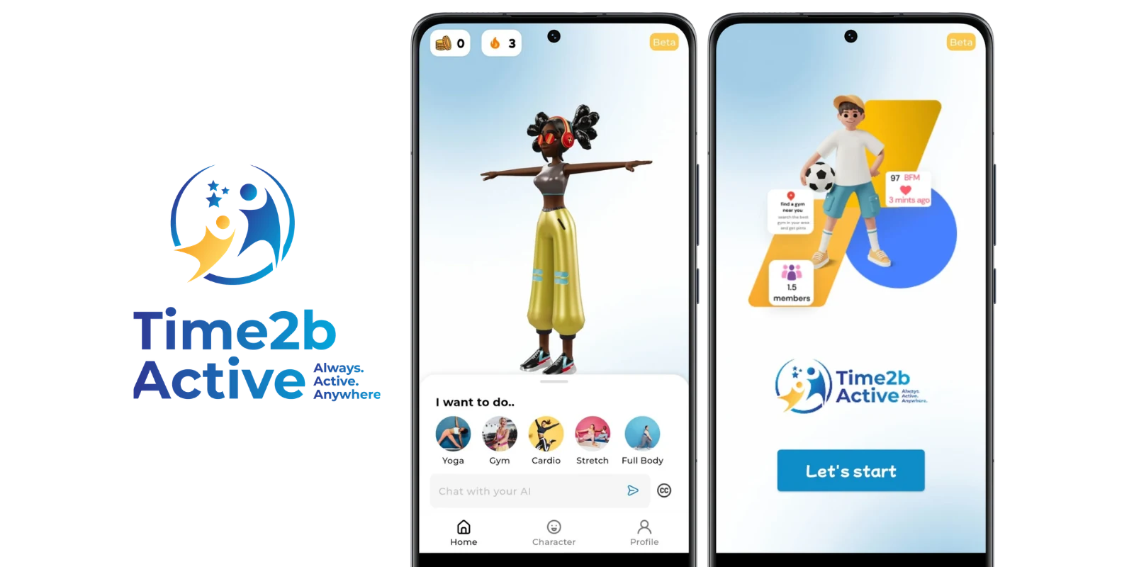Time2bActive app screens: 3D coach character and start screen