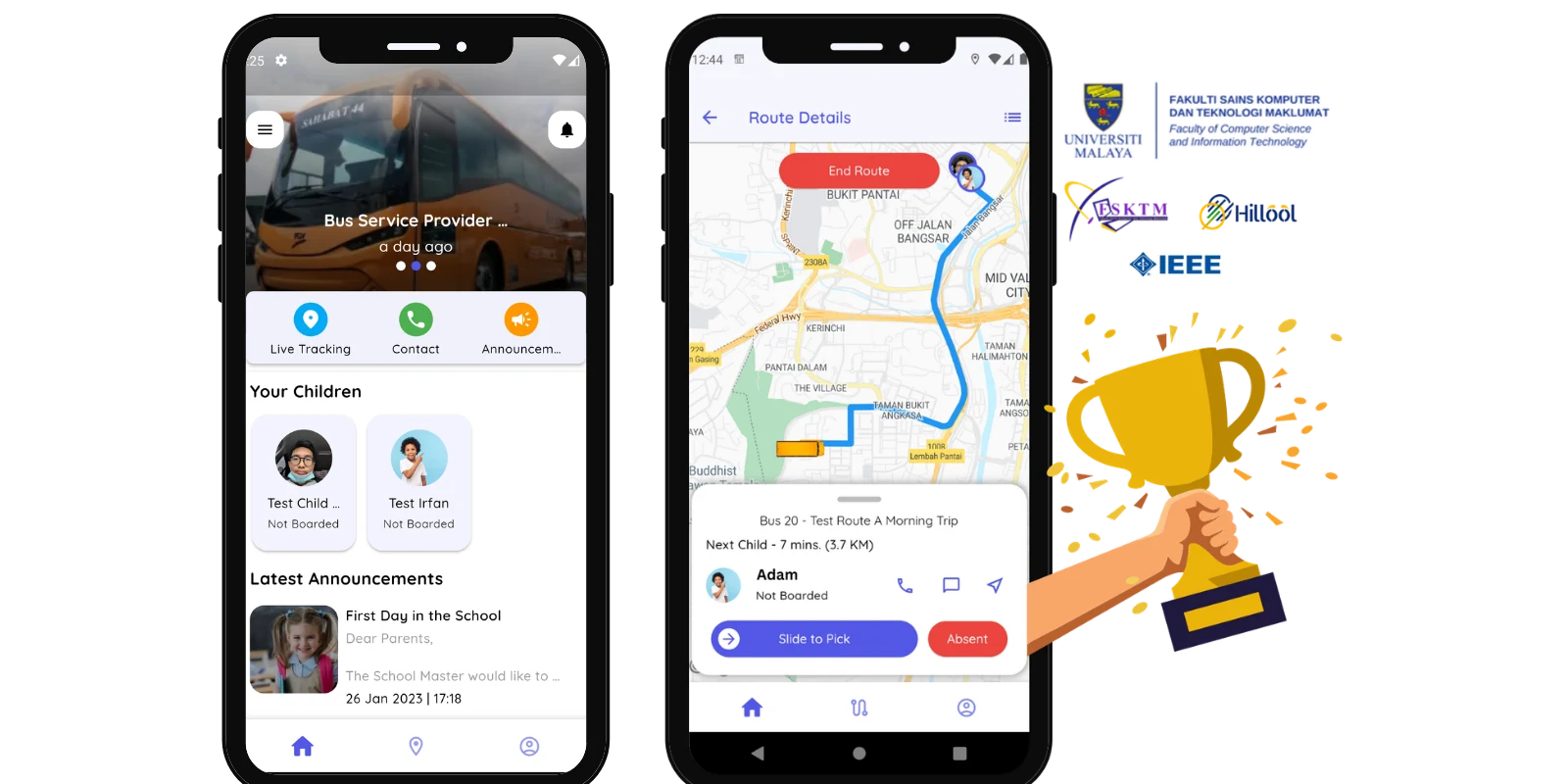 Tost app screens: parent home and live bus route, with Universiti Malaya, IEEE and award badges