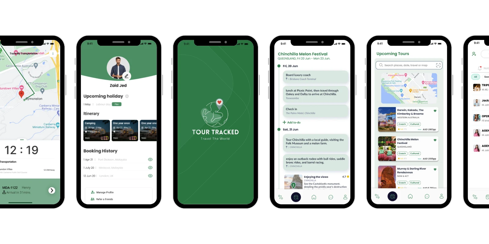 TourTracked app screens: live transport tracking, itinerary and upcoming tours